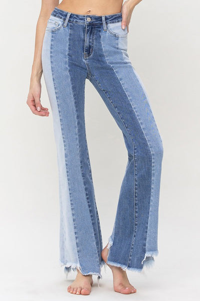 Worth It High Rise Two Tone Flare Pants With Raw Hem