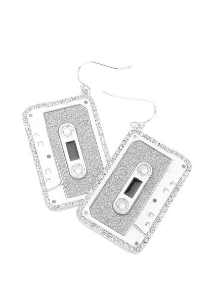 Rhinestone Music Cassette Dangle Earrings