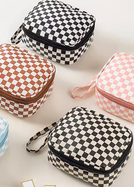 checkered cosmetic bag