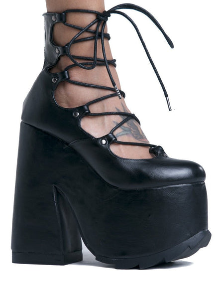 YRU Lucid Black Lace Up Chunky Platform Shoes