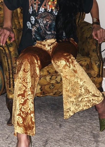 yellow velvet bell bottom pants