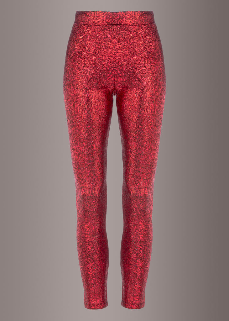 red metallic pants