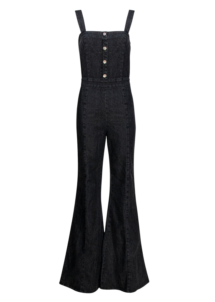 black denim bell bottom jumpsuit