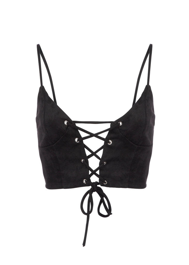Schwarzes Crop-Top aus Wildlederimitat mit Schnürung