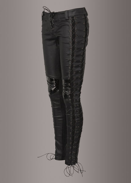 black leather lace up pants