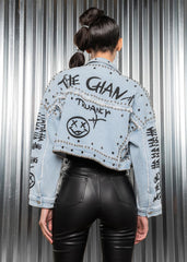 graffiti denim jacket with studs