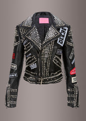 studded leather jacket with patches