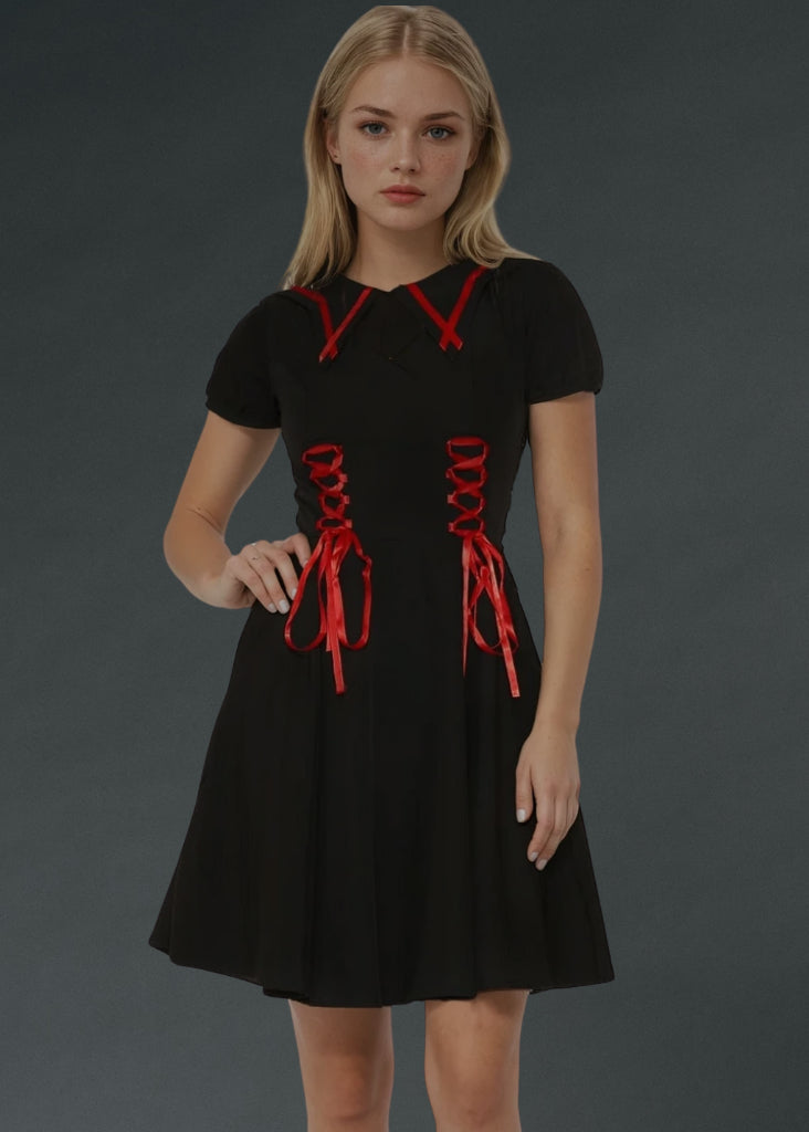 Gothic dress with collar and bold red lace-up corset front, alternative punk dark fashion dress