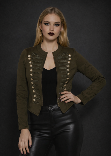 Olive Military Gothic Jacket – detail view of braided figure-eight design and embossed buttons
