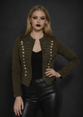 Olive Military Gothic Jacket – detail view of braided figure-eight design and embossed buttons
