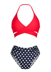 High-waist ruched bikini bottoms with wrap halter top — women's two-piece swimsuit