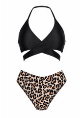 Women's wrap bikini set detail shot — halter neck tie top with high-waist ruched bottoms