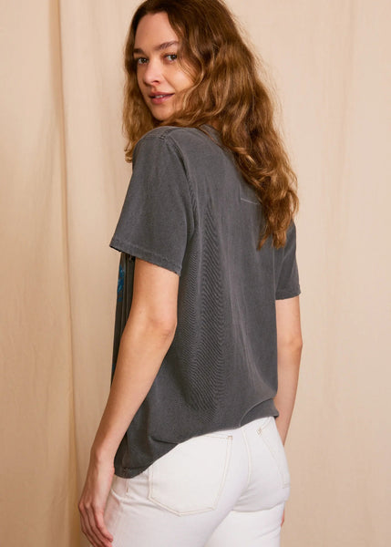 Women wearing Led Zeppelin sunkissed gray graphic tee – vintage band t-shirt with worn-in look, recycled cotton