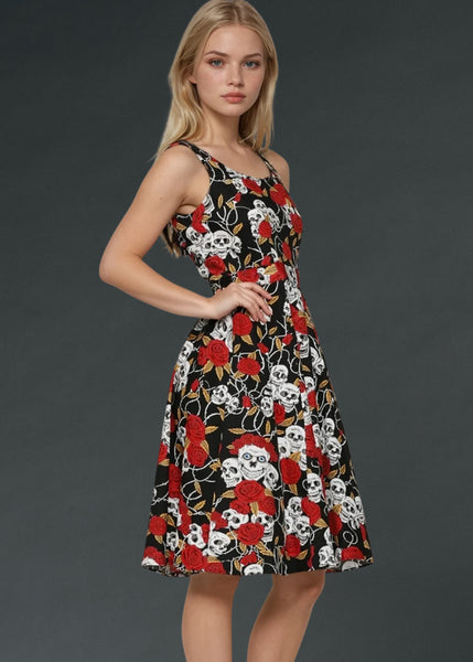 Black gothic dress with red roses and skull print, dark floral alternative dress for women