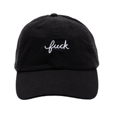 Black cap with white text on a white background