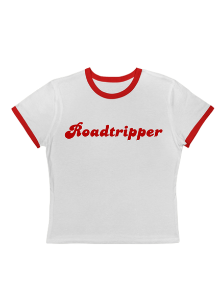 Shop the Roadtripper cropped ringer tee, a retro 70s inspired white baby tee with red trim and vintage travel graphic. Perfect for road trips, festivals, and casual outfits.