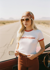 Retro road trip crop top with red Roadtripper lettering, white ringer tee, and vintage travel style