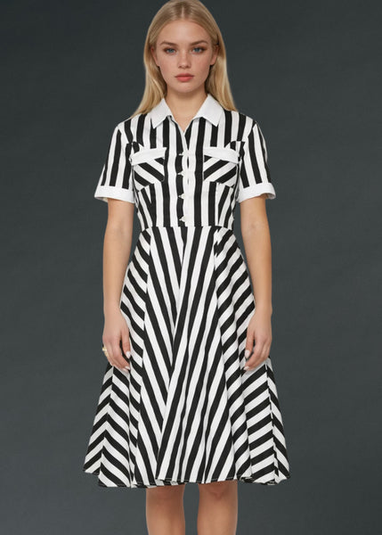 Black and white striped gothic dress, dark aesthetic alternative fashion outfit for women