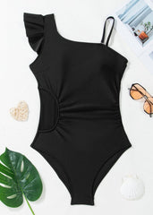 Black one piece bathing suit with pleated design - side angle