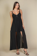 black maxi dress mesh strappy cami festival mainstage bows cutout boho 