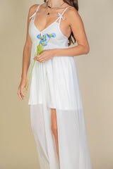 White wedding guest maxi dress mesh strappy cami festival mainstage bows cutout boho 