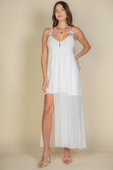 White maxi dress mesh strappy cami festival mainstage bows cutout boho 