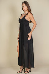 black maxi dress mesh strappy cami festival mainstage bows cutout boho 