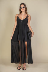 black maxi dress mesh strappy cami festival mainstage bows cutout boho 