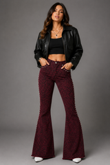 Night Tales Red Leopard Studded Bell Bottoms