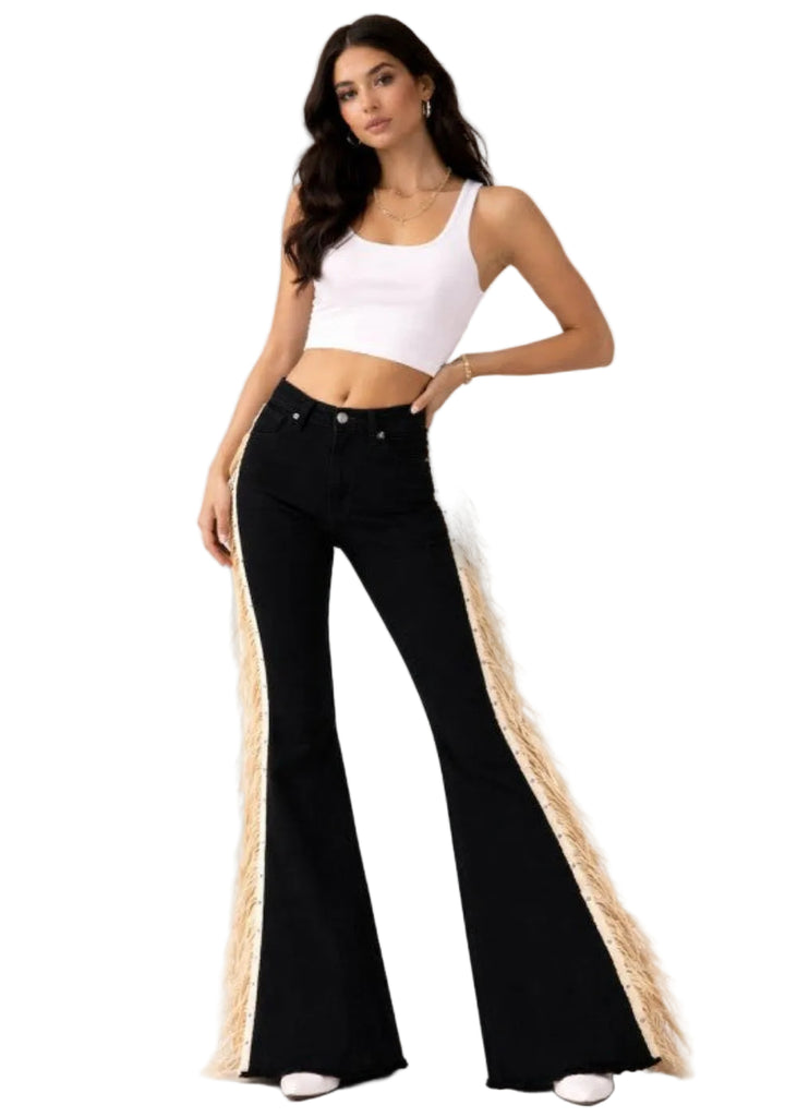 exas Sun Fringe Bell Bottom Jeans in Beige – USA-made high-stretch denim with suede fringe tassel detail, bell bottom silhouette, sizes 3-13"