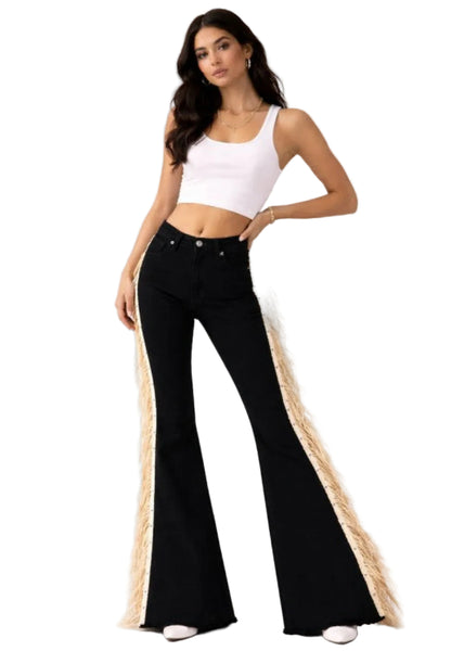 exas Sun Fringe Bell Bottom Jeans in Beige – USA-made high-stretch denim with suede fringe tassel detail, bell bottom silhouette, sizes 3-13
