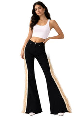 exas Sun Fringe Bell Bottom Jeans in Beige – USA-made high-stretch denim with suede fringe tassel detail, bell bottom silhouette, sizes 3-13"