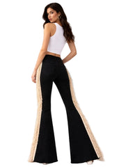 Fringe Bell Bottom Jeans – Side view showing suede fringe tassel and bell bottom flare, high-stretch denim made in USA