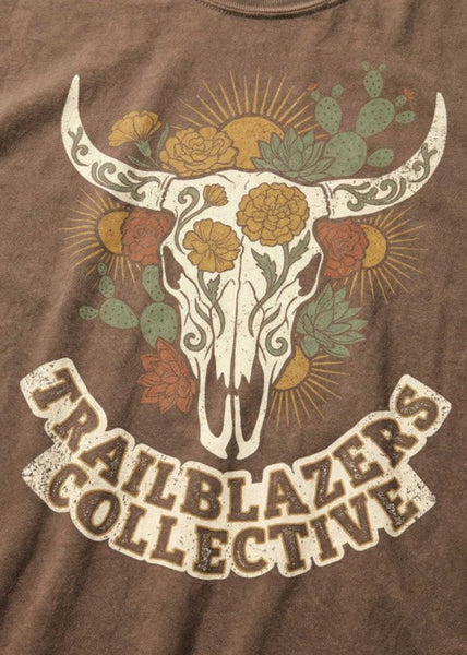 Floral cow skull graphic tee front view – desert western style women's tee, Made in USA, Pretty Attitude