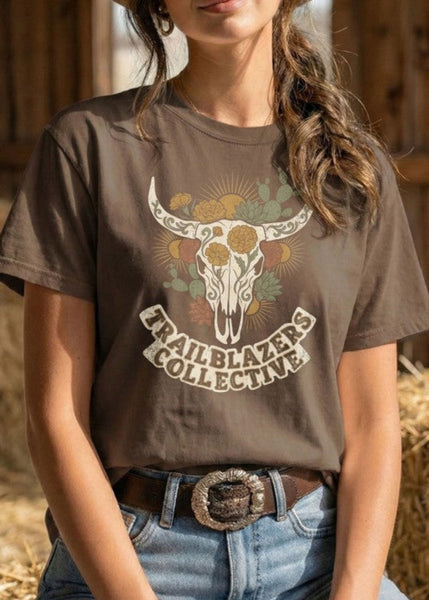 Floral Skull Graphic Tee – vintage western boho tee with cactus and sunburst design, Pretty Attitude