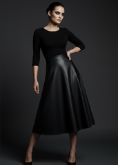 Smooth faux leather texture 92% polyester 8% spandex skirt detail
