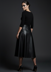 Black vegan leather skirt styled with ankle boots rock-n-roll look
