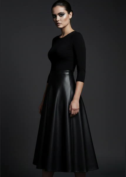 Stretchy faux leather midi skirt side silhouette — Pretty Attitude
