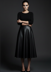 Black vegan leather midi skirt high waist front view — Pretty Attitude
