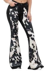 Rodeo Bell Bottom Jean in Black | Cow Print Flare Jeans