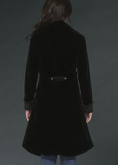 Women’s black velvet gothic jacket, long dark alternative coat with elegant vintage-inspired goth style