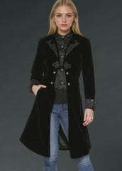 Black velvet gothic coat jacket with dramatic dark aesthetic detailing, alternative fashion outerwear for women