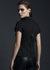 Model wearing the Pretty Attitude Black Label short sleeve gothic shirt with studs paired with an alternative skirt. Casual edgy dark fashion look