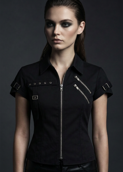 Pretty Attitude short sleeve punk goth black shirt accented with metal studs. Edgy mall goth and grunge aesthetic summer top for women