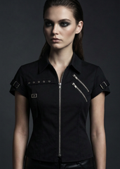 Pretty Attitude short sleeve punk goth black shirt accented with metal studs. Edgy mall goth and grunge aesthetic summer top for women