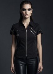 Short sleeve goth shirt with silver studs by Pretty Attitude Black Label. Black alternative streetwear top featuring edgy metallic studded hardware detailing.