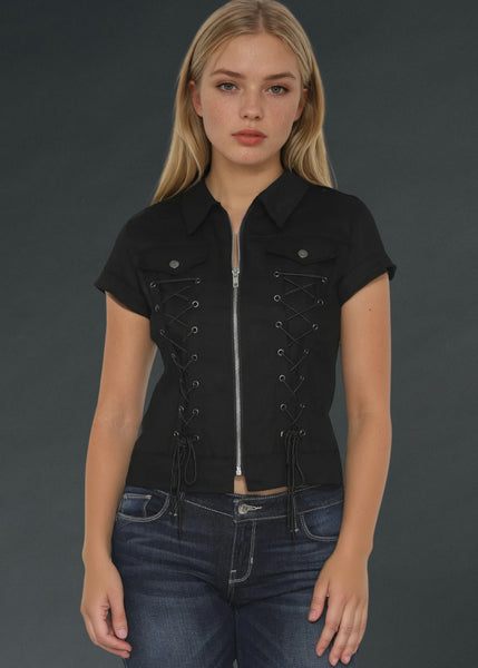 Black Gothic Short Sleeve Top with Lacing Details
