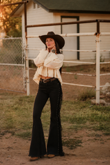 Texas Sun Fringe Bell Bottom Jeans in Black Denim