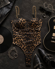 Leopard Print Bodysuit with Gold Chain Straps | Rock & Roll Bustier Top