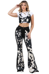 Rodeo Bell Bottom Jean in Black | Cow Print Flare Jeans